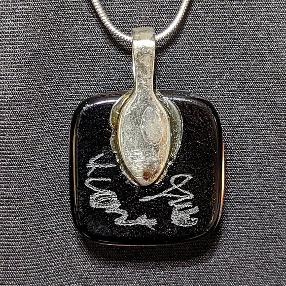 Signed BUTTERFLY Etch Green & Yellow Dichroic Glass Pendant w/ Sterling Chain - Picture 3 of 6